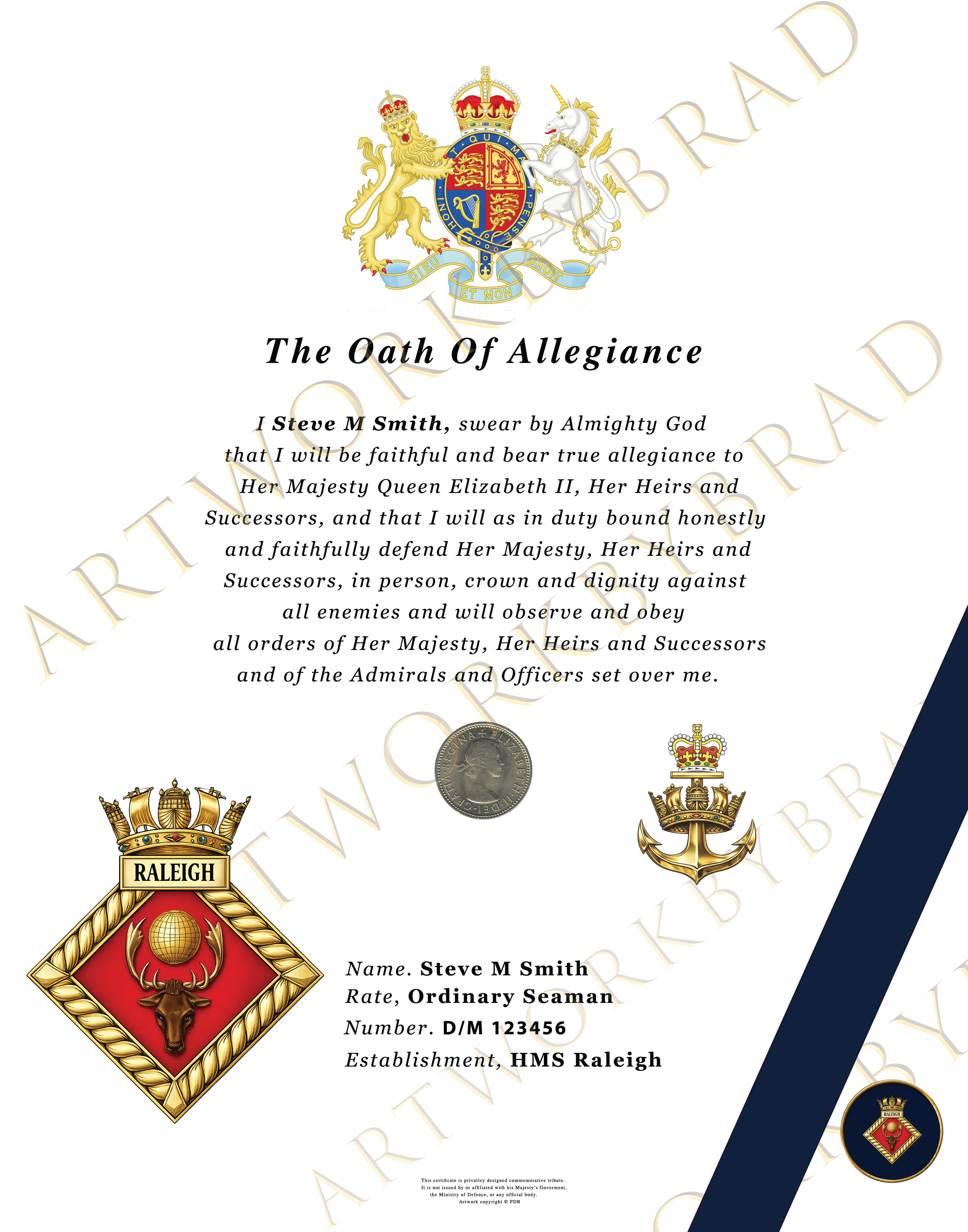 Personalised Royal Navy Oath of Allegiance Certificate