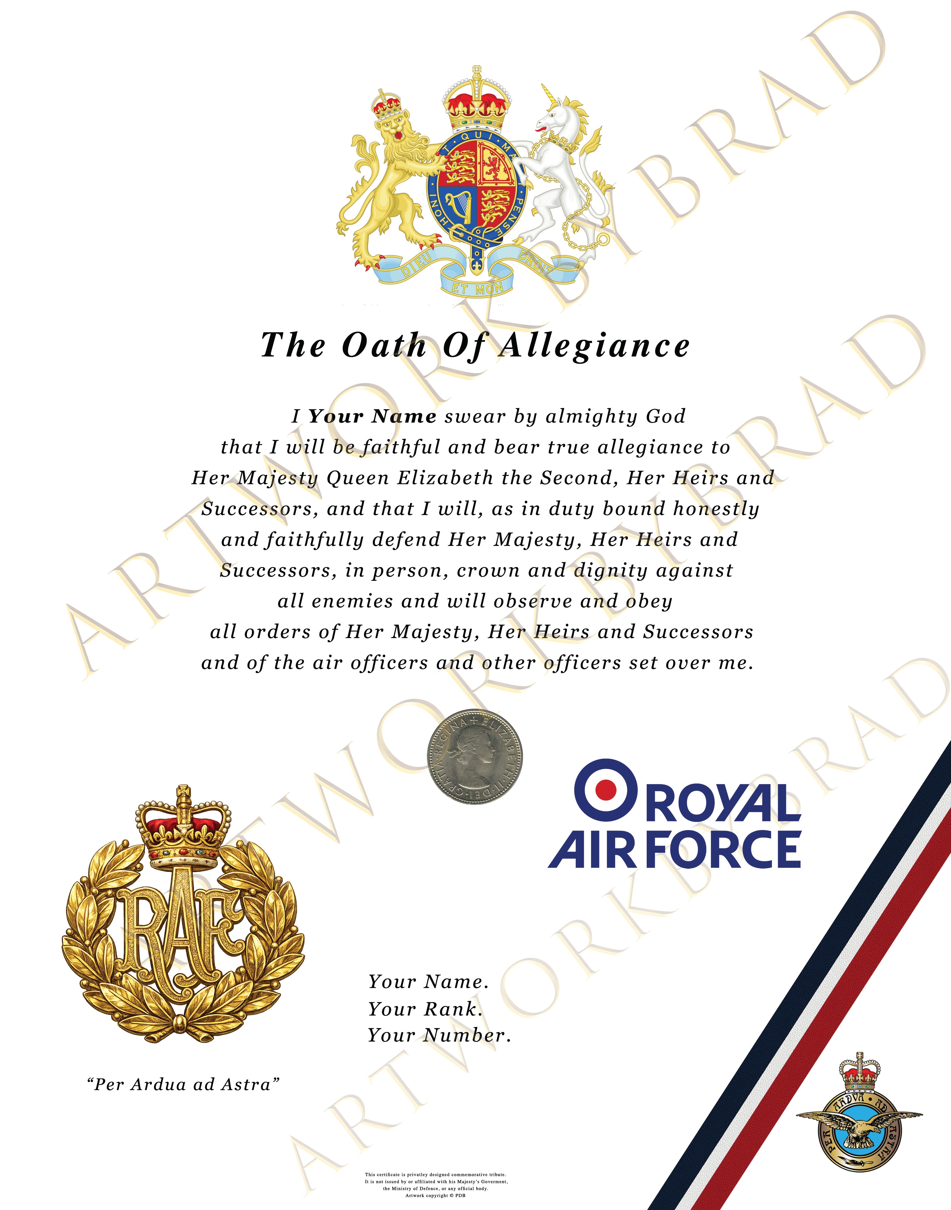 Personalised Royal Air Force Oath of Allegiance Certificate, King’s or Queen’s Oath