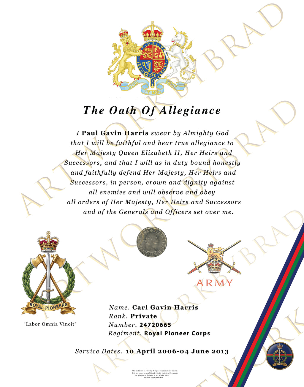 Personalised Royal Pioneer Corps Oath of Allegiance Certificate Print Gift Veteran Army
