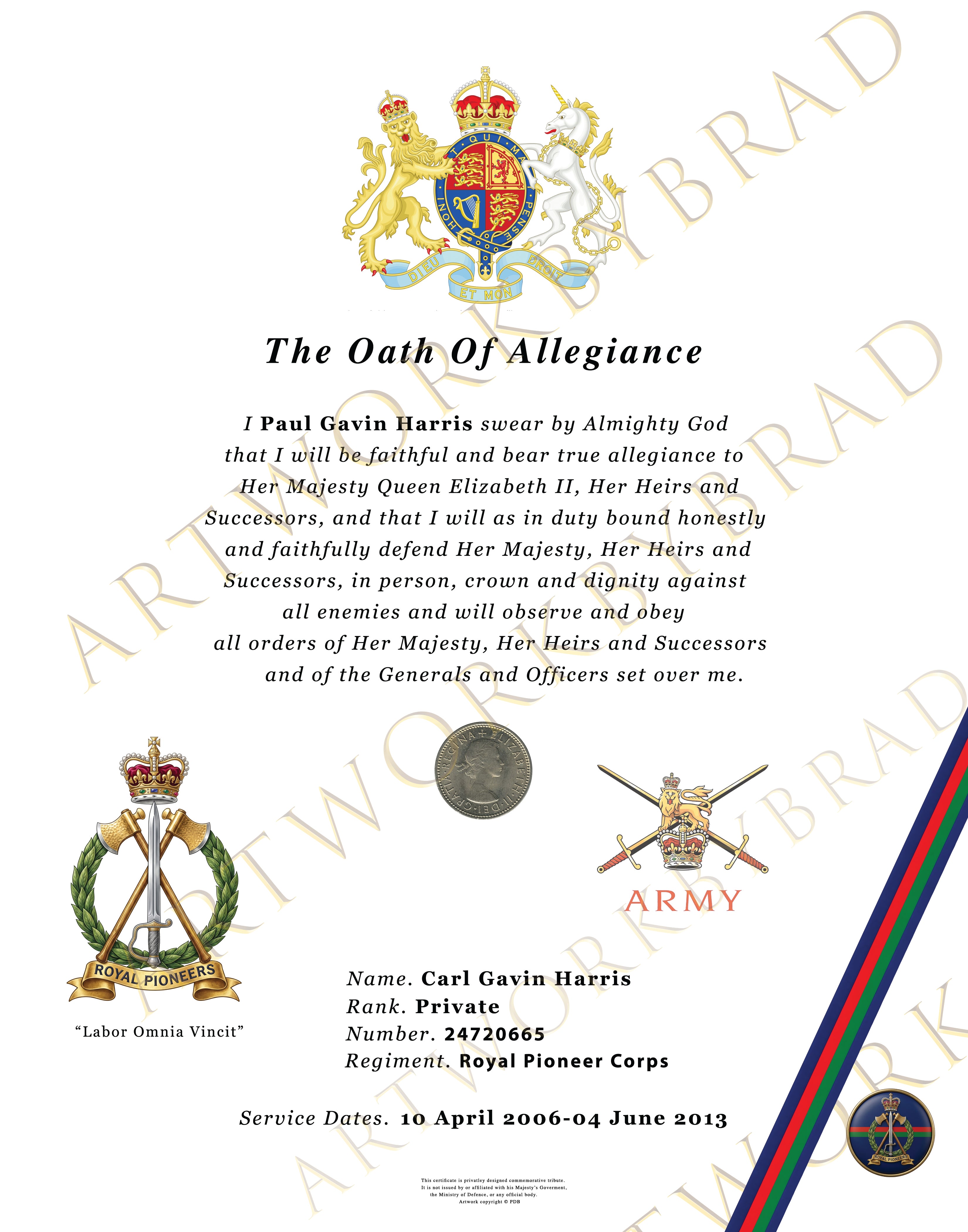 Personalised Royal Pioneer Corps Oath of Allegiance Certificate Print Gift Veteran Army