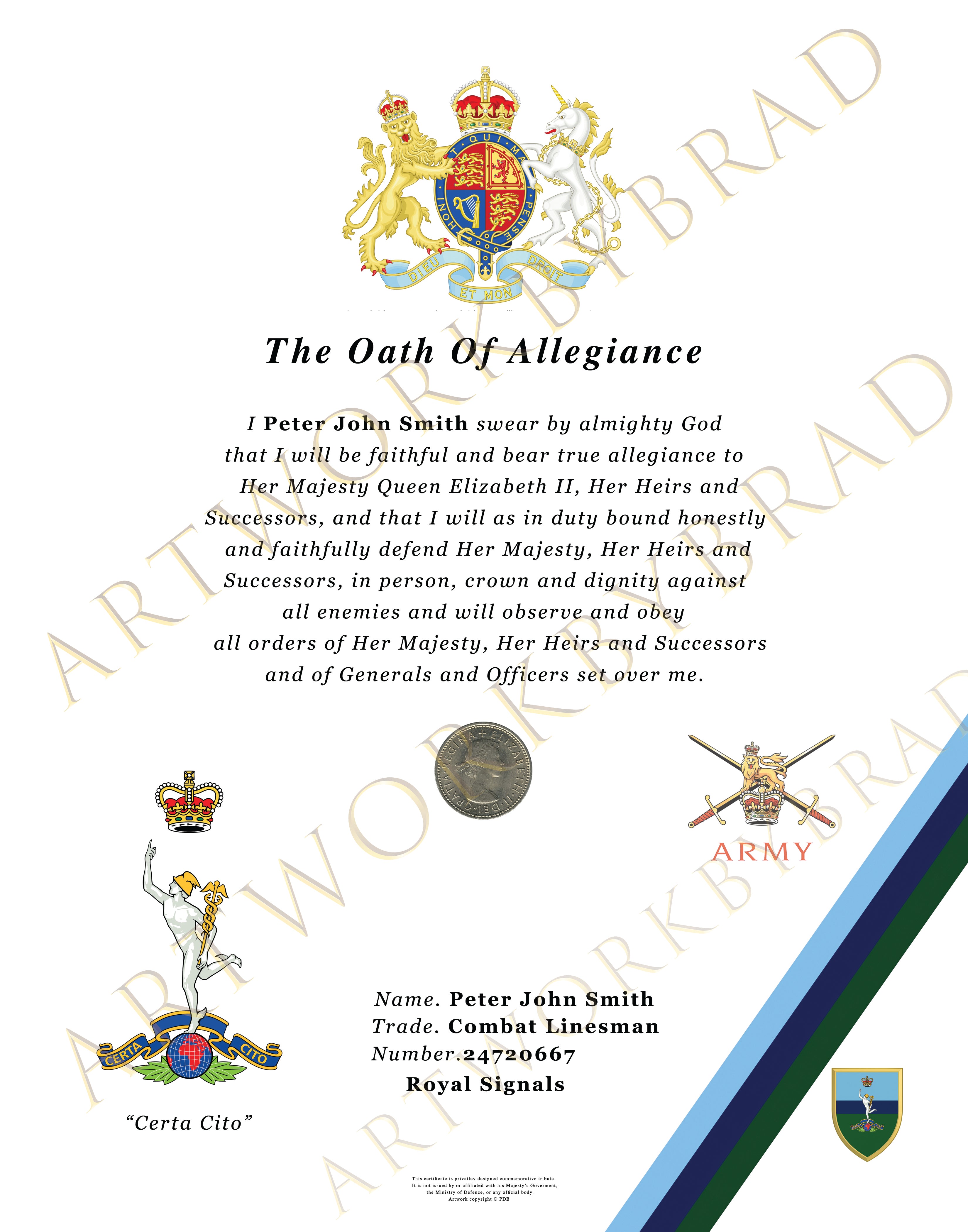 Royal Signals Commemorative Oath Certificate | Personalised Army Keepsake