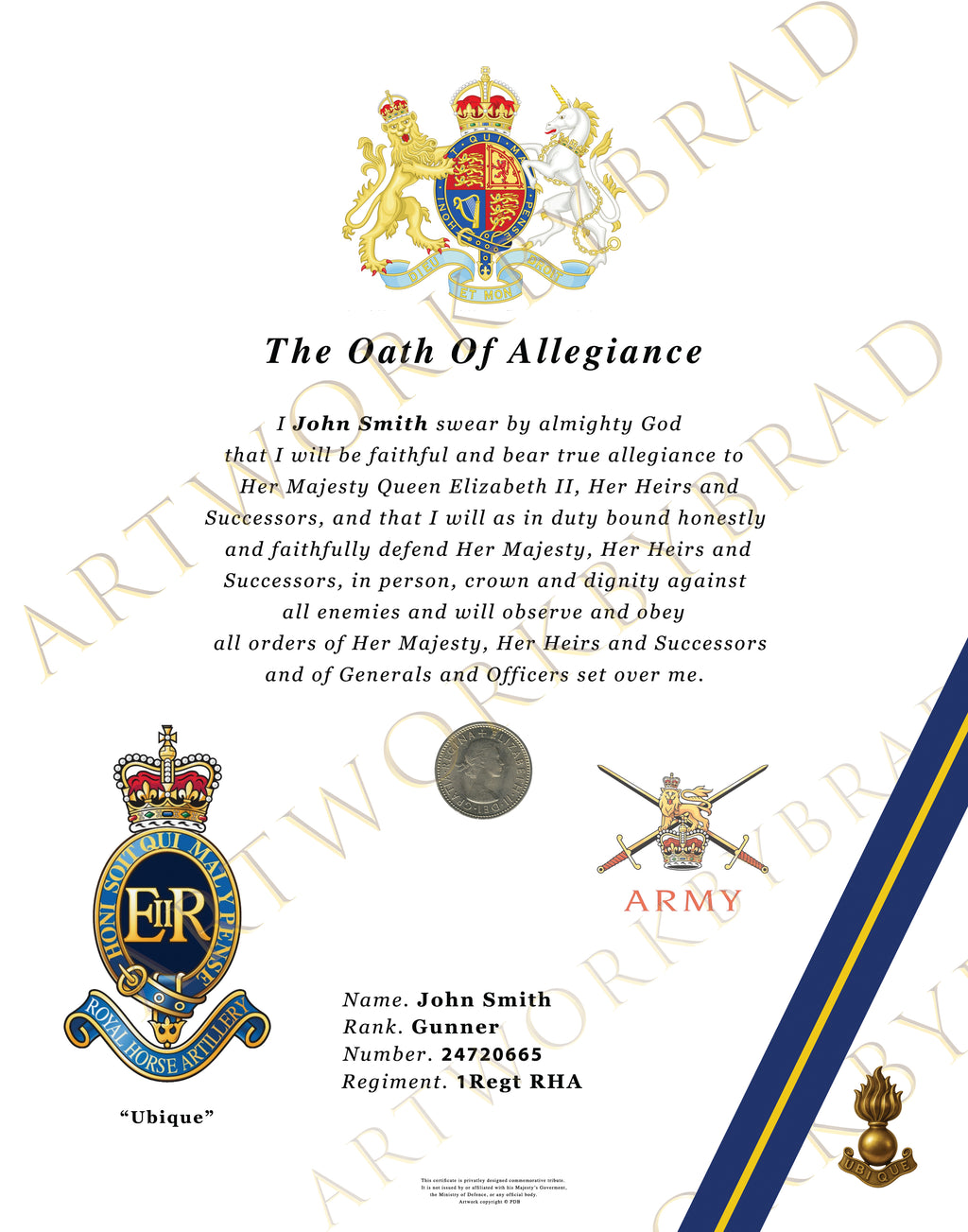 1 Regt Royal Horse Artillery personalised service certificate print