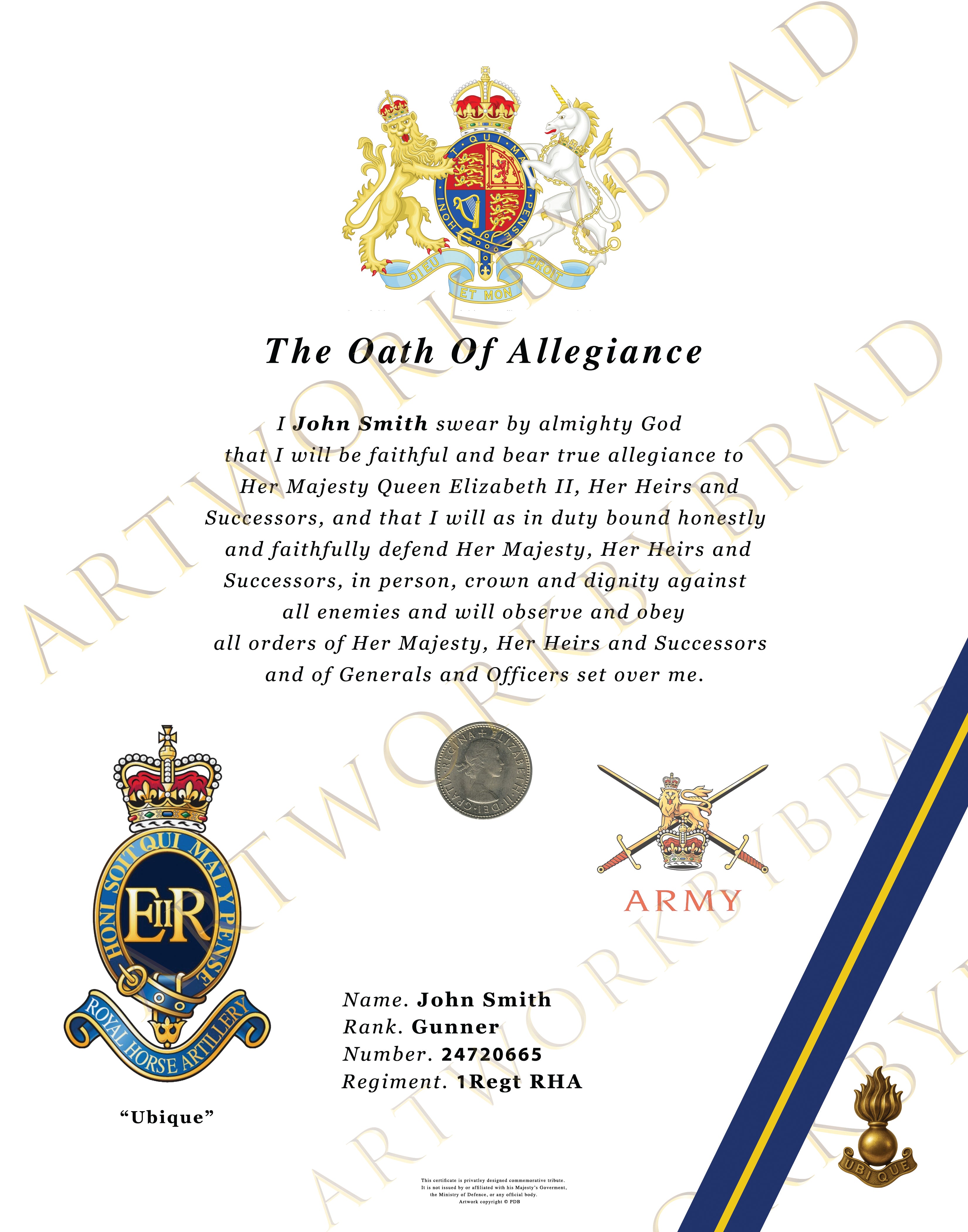 1 Regt Royal Horse Artillery personalised service certificate print
