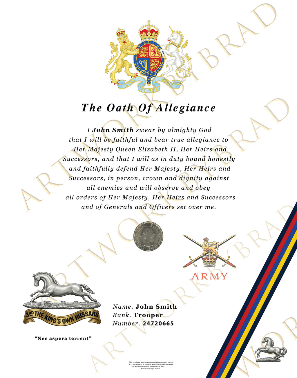 3rd The King’s Own Hussars Oath of Allegiance Personalised Certificate