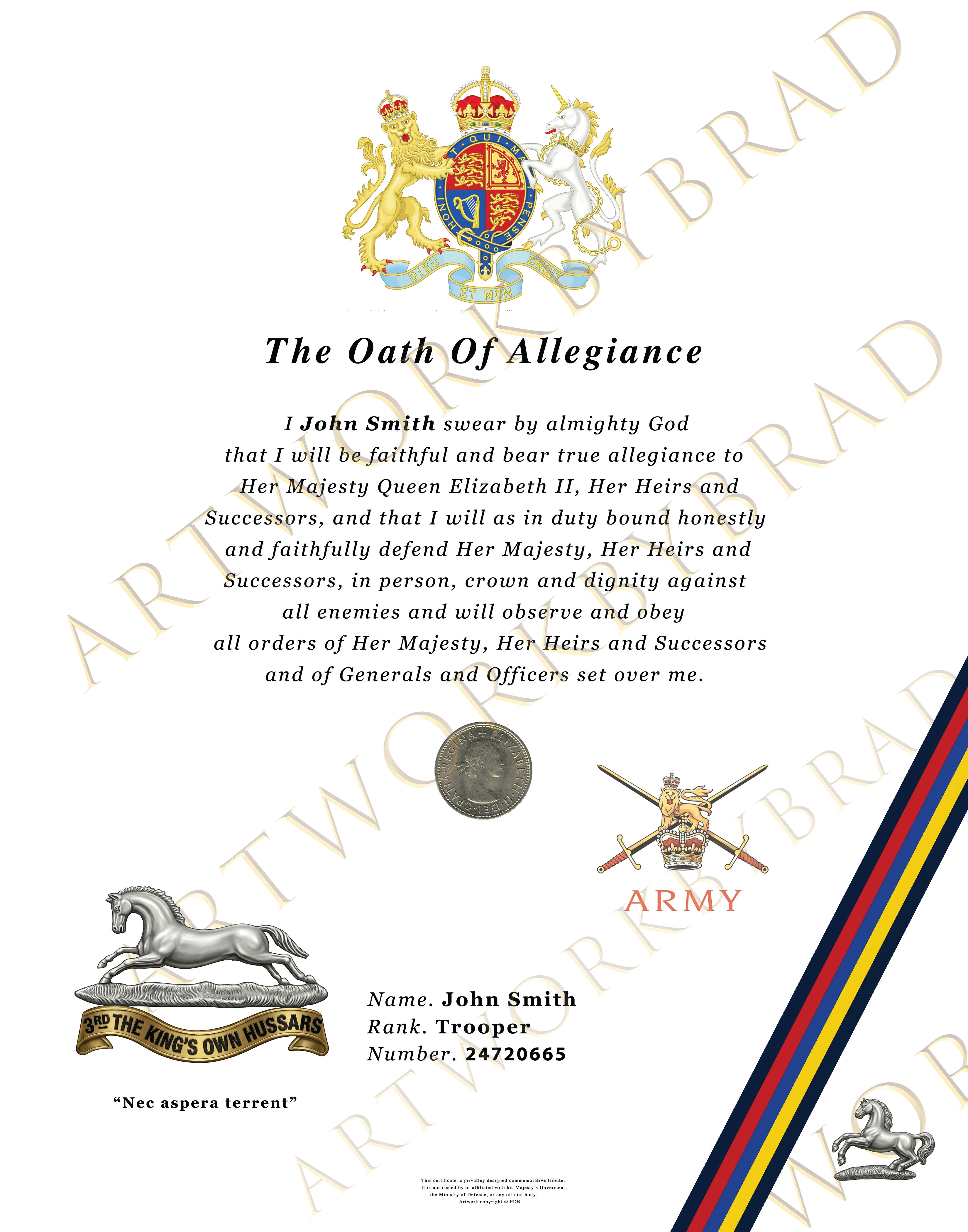 3rd The King’s Own Hussars Oath of Allegiance Personalised Certificate