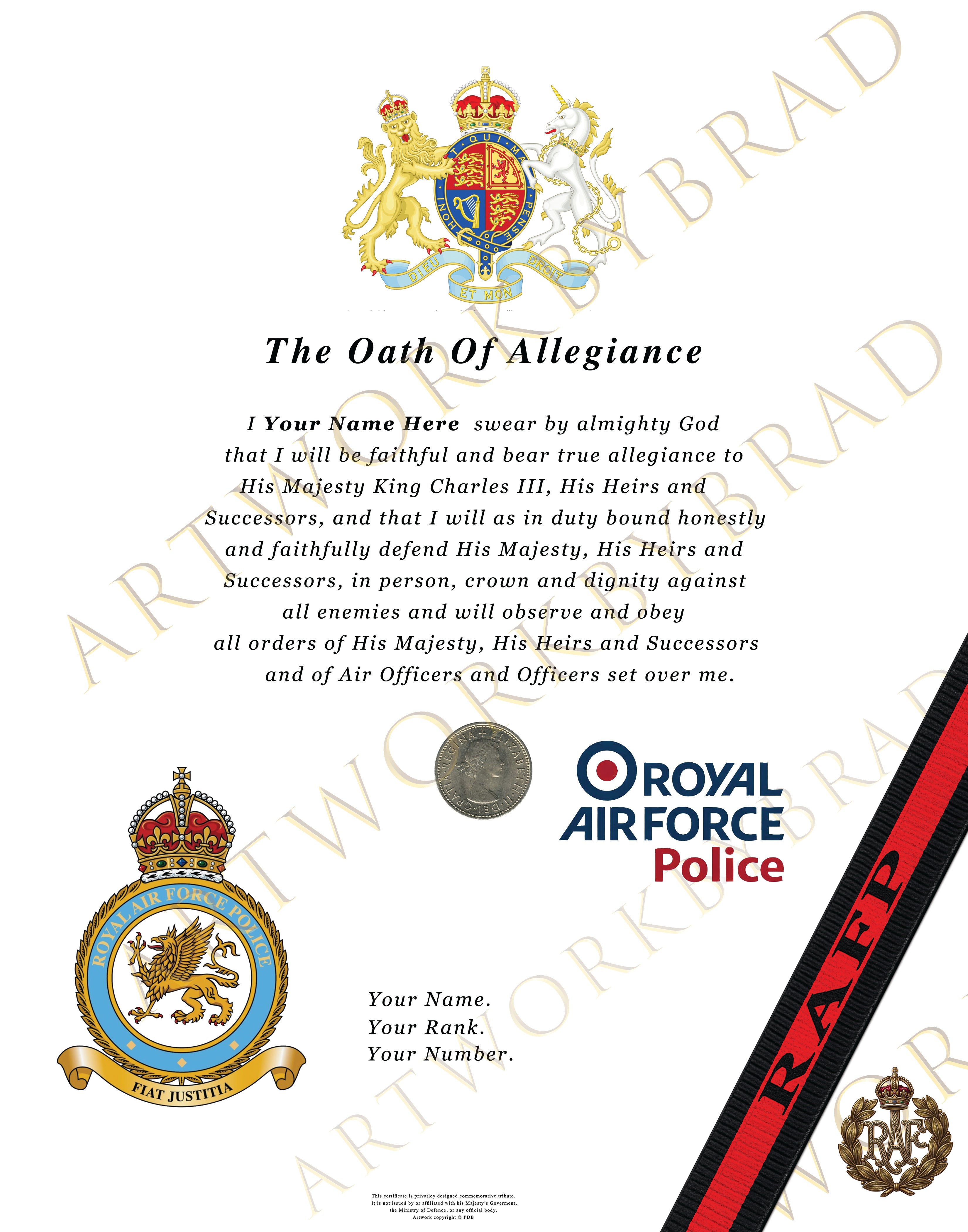 Royal Air Force Police Personalised Oath of Allegiance Certificate