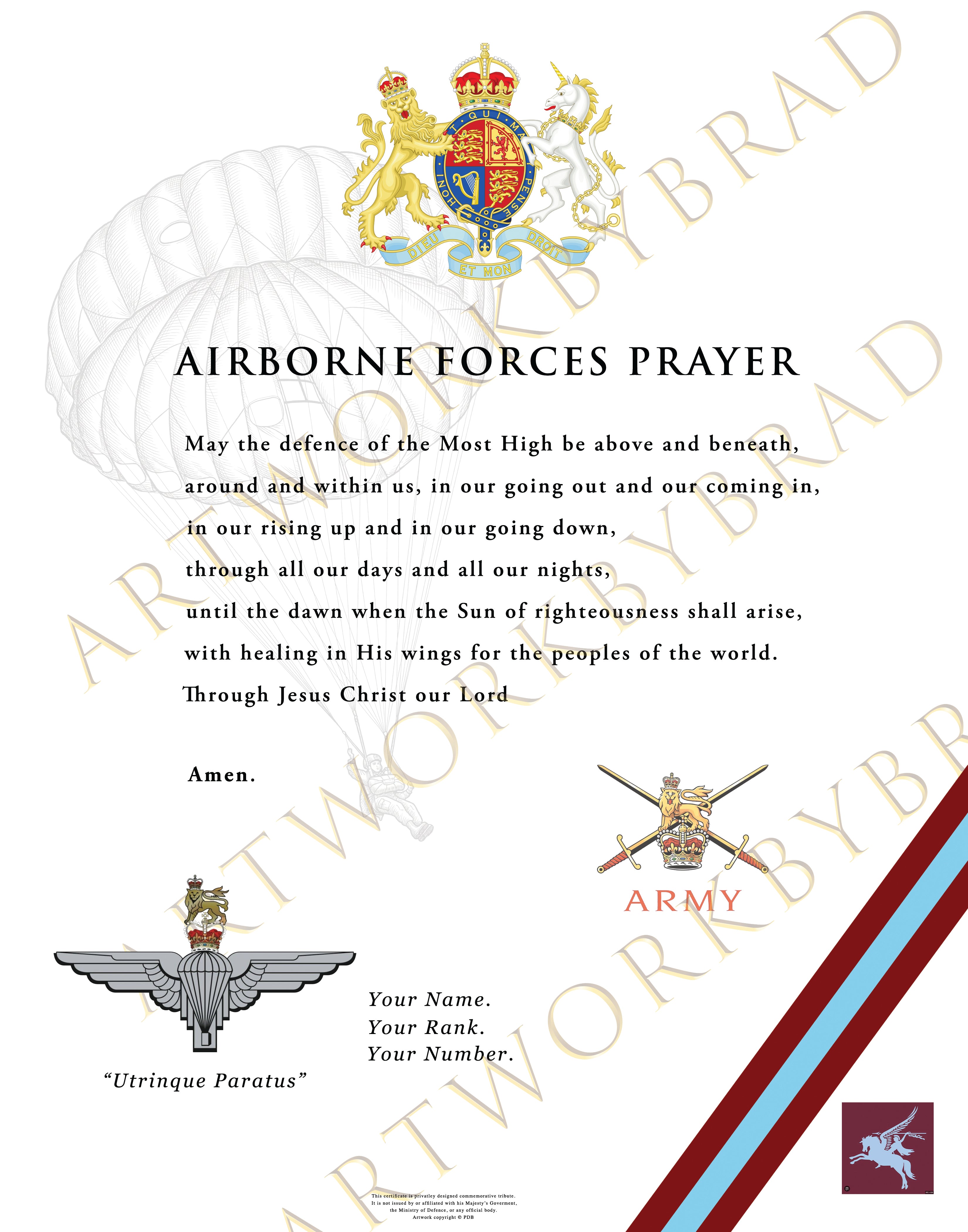 Personalised Airborne Forces Prayer Certificate | British Paratroopers Gift | Military Print