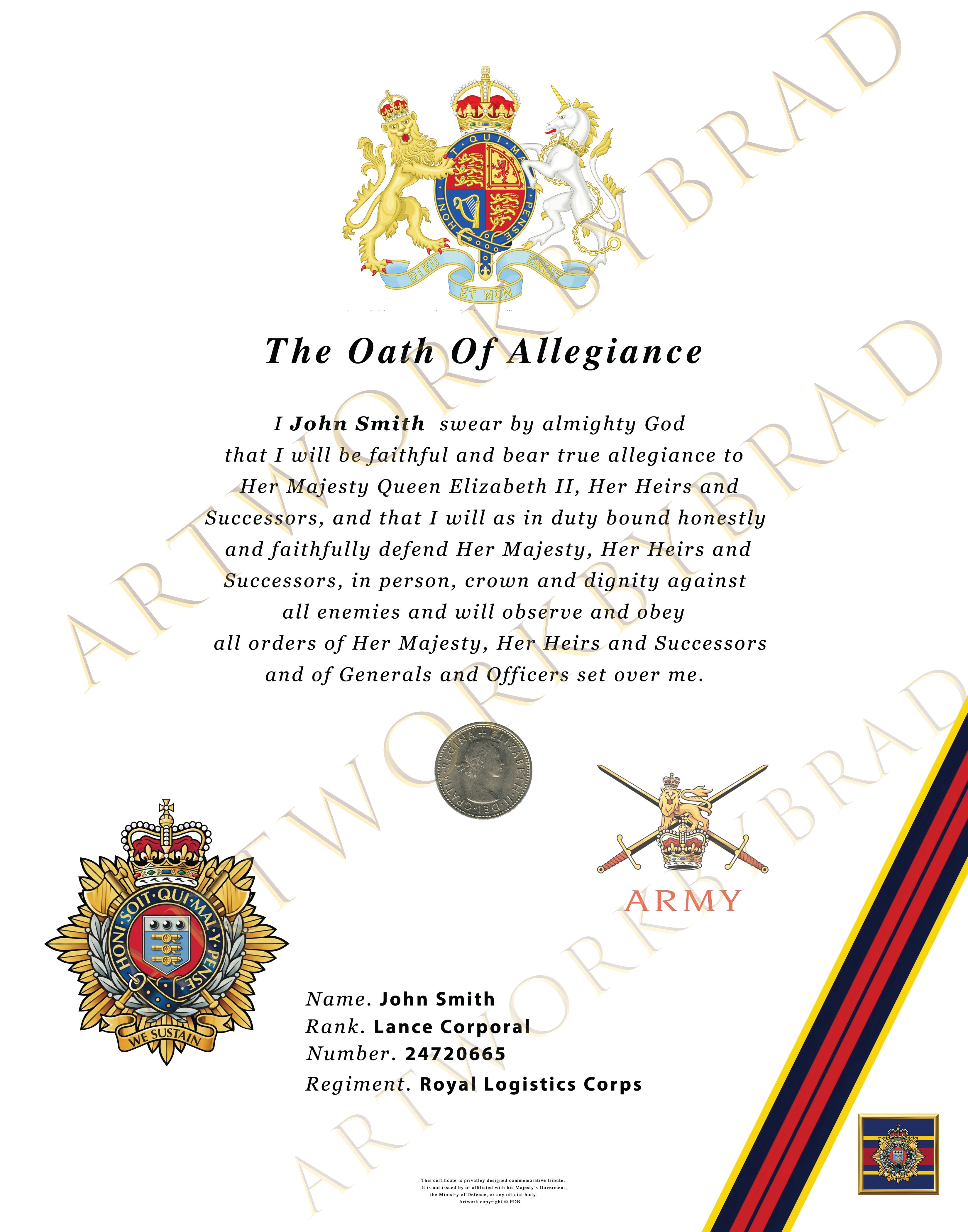 Royal Logistics Corps Personalised Oath of Allegiance Certificate – British Army Gift