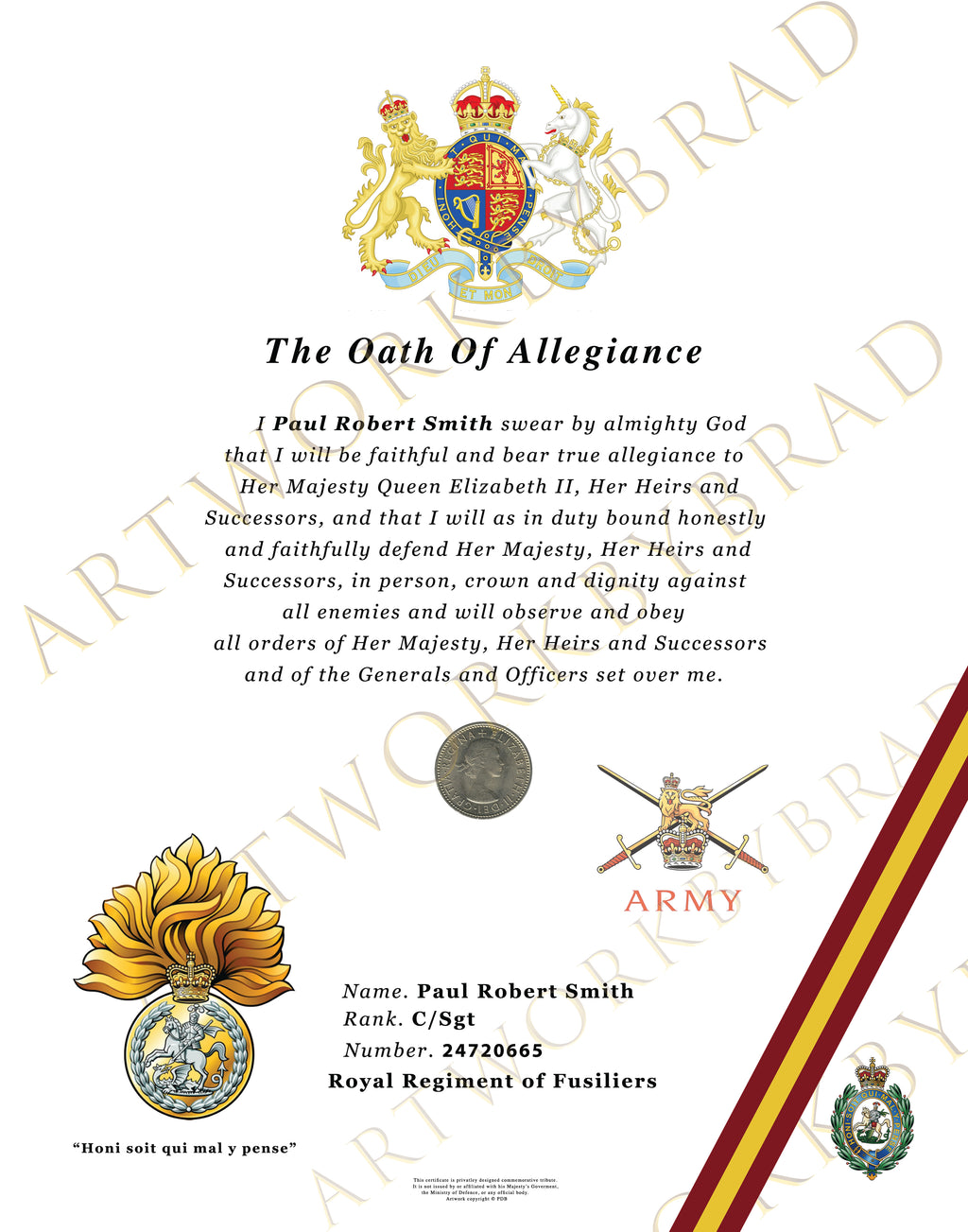 Personalised Royal Regiment of Fusiliers Oath of Allegiance Certificate