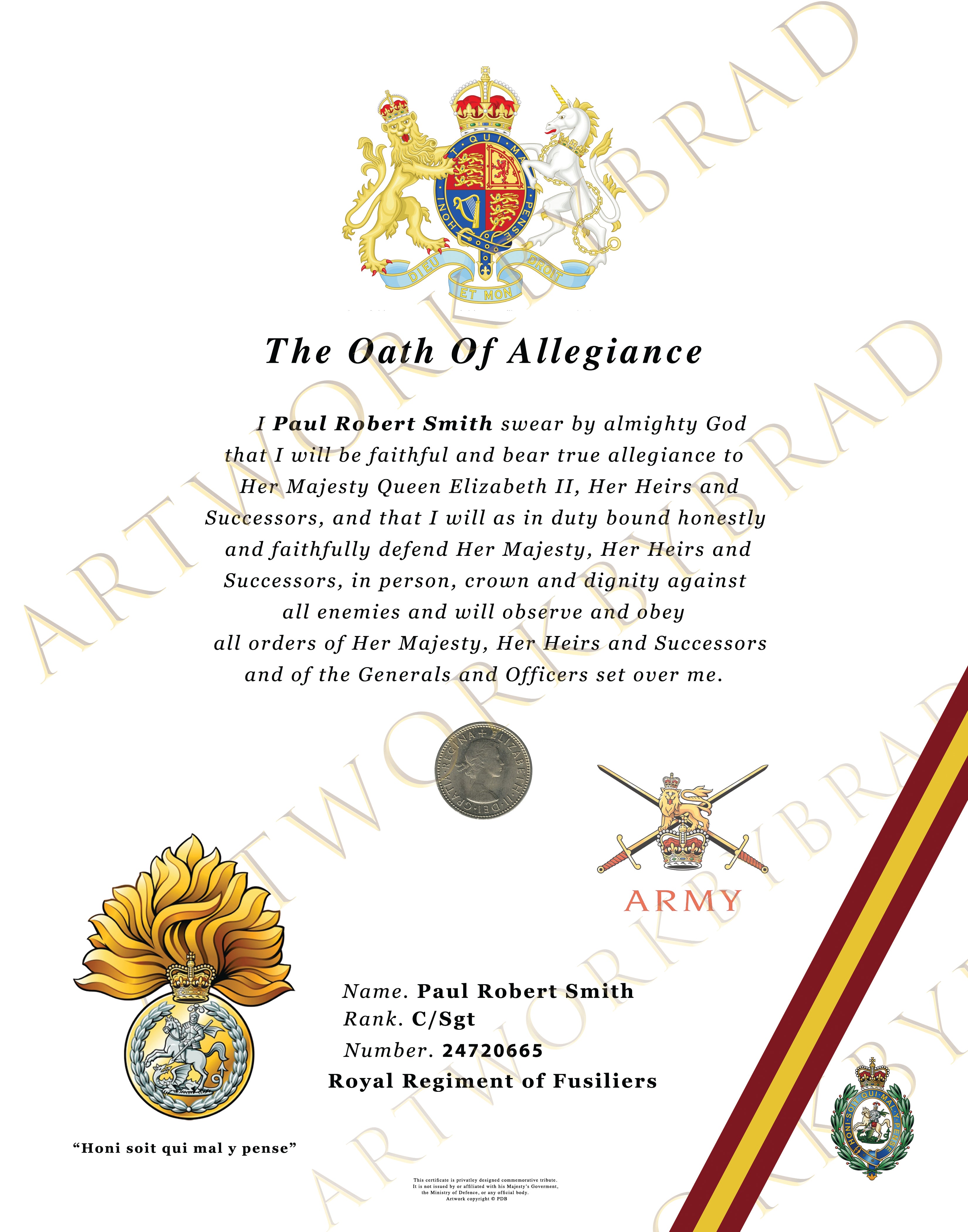 Personalised Royal Regiment of Fusiliers Oath of Allegiance Certificate