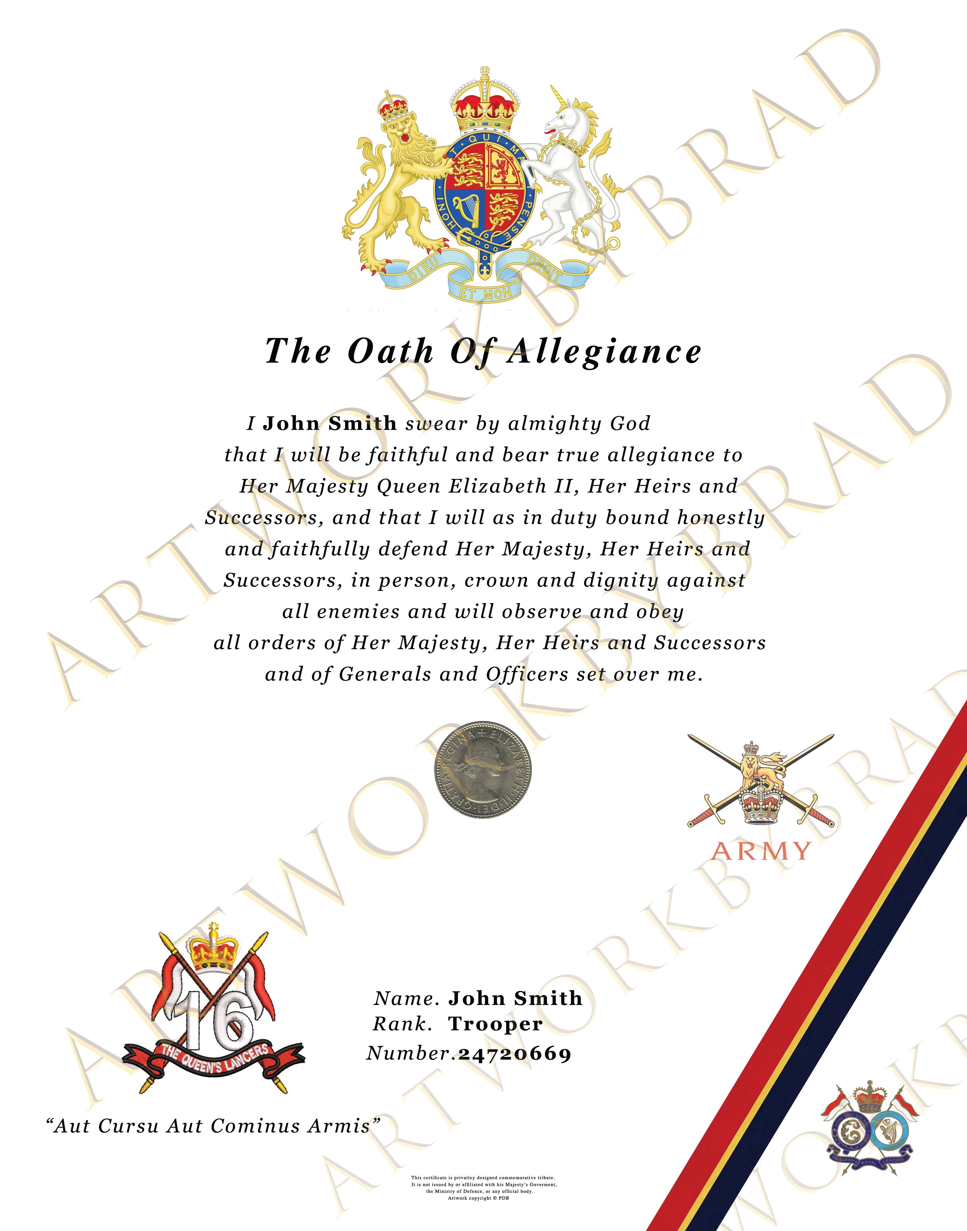 16th/5th The Queen’s Royal Lancers Oath of Allegiance Certificate